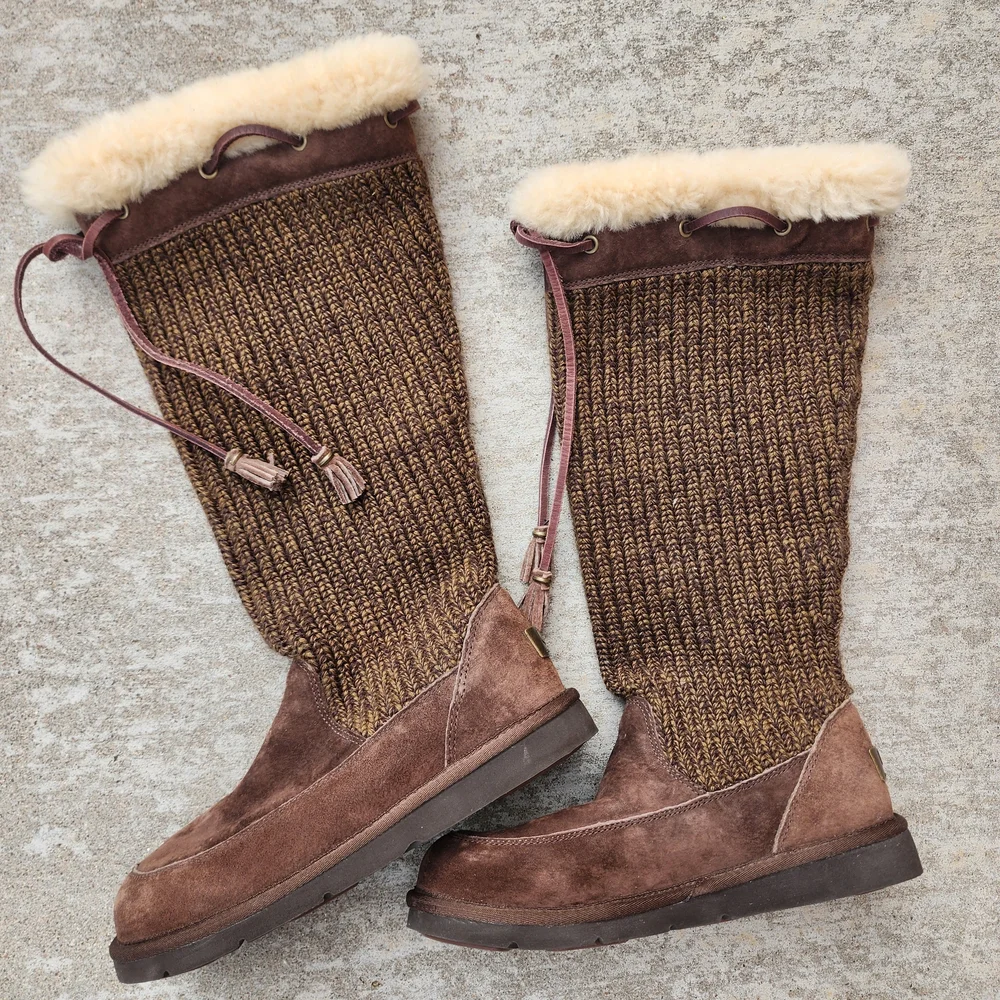 UGG Suburb Crochet Knit Tall Boots Women Size 8, Brown Leather‎ Sheepskin
